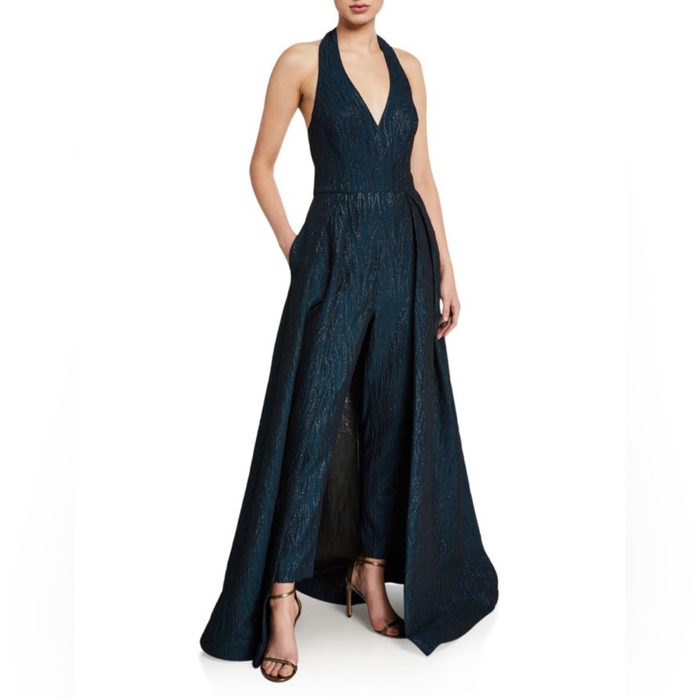 Halston Metallic Jacquard Halter Overlay Jumpsuit